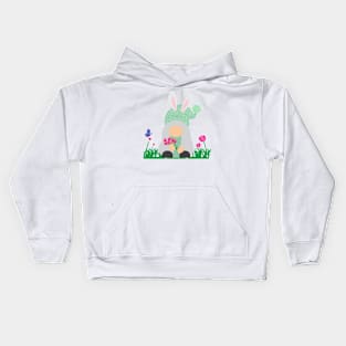 Easter Gnome Green Hat in a Garden Kids Hoodie